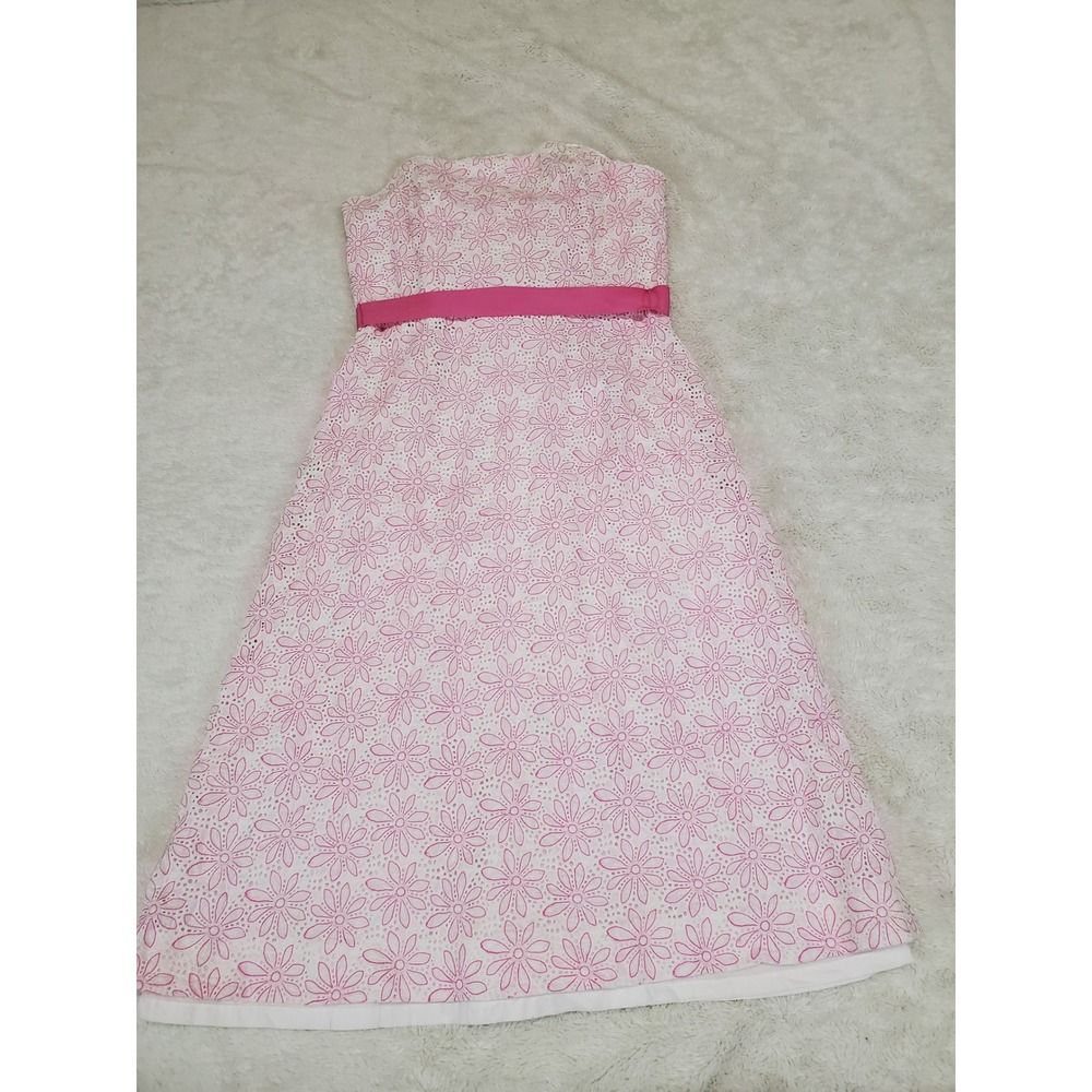 Lilly Pulitzer White Pink Daisy Floral Eyelet Strapless Dress 4 Cocktail Party